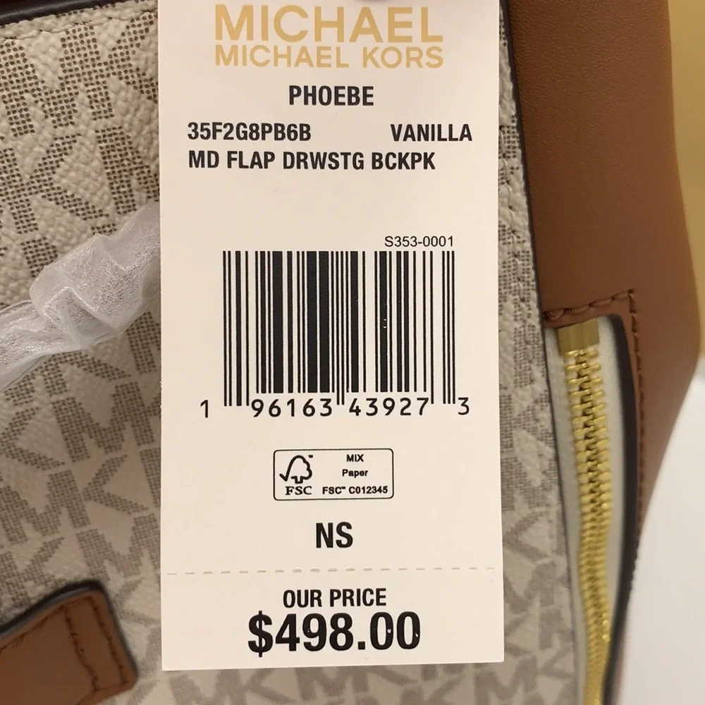 MICHAEL KORS PHOEBE MEDIUM DRAWSTRING BACKPACK VANILLA/ BROWN SIGNATURE COLOR - Picture 16 of 16